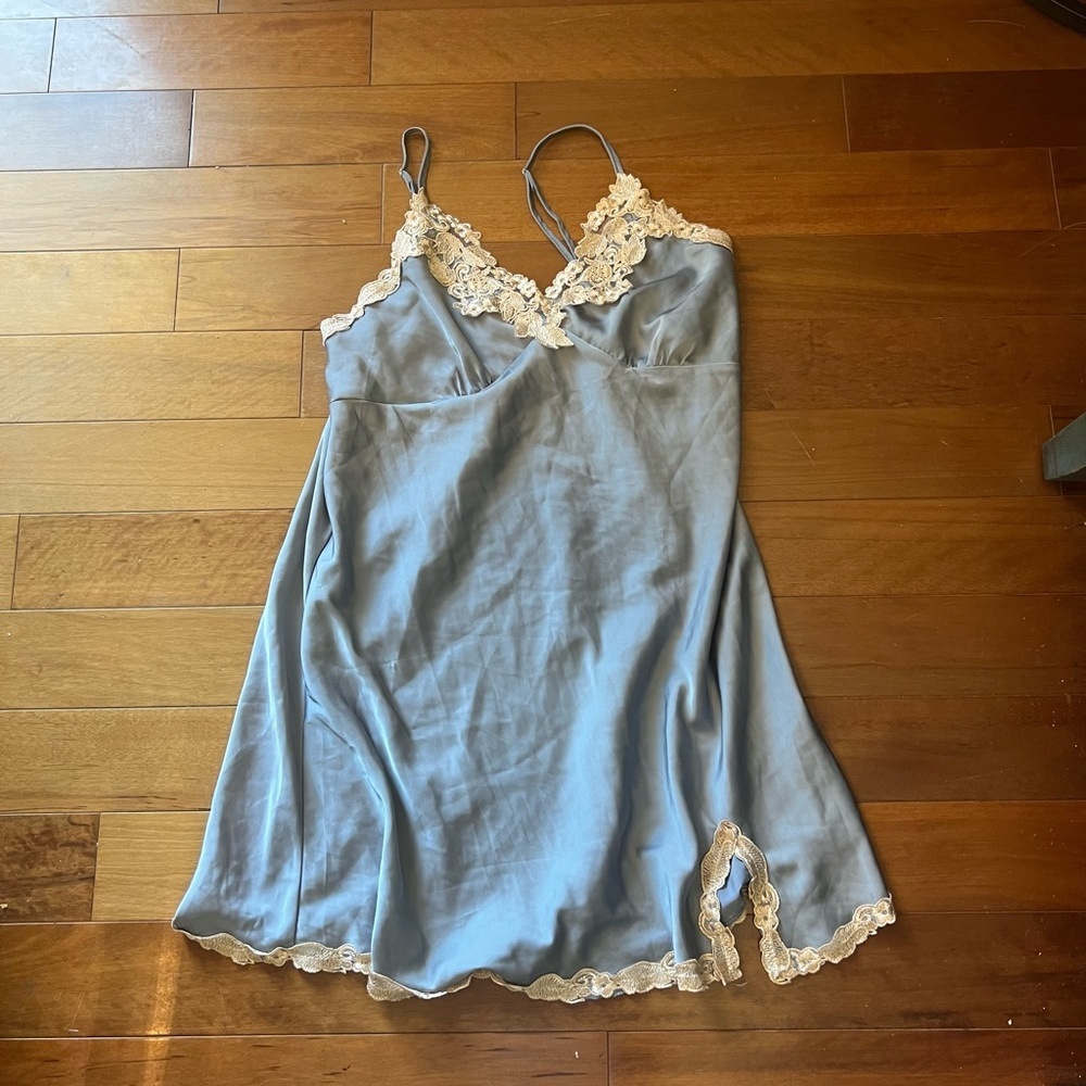 Blue Slip with ecru color lace. Slip/ slip dress. Measurements in photos.